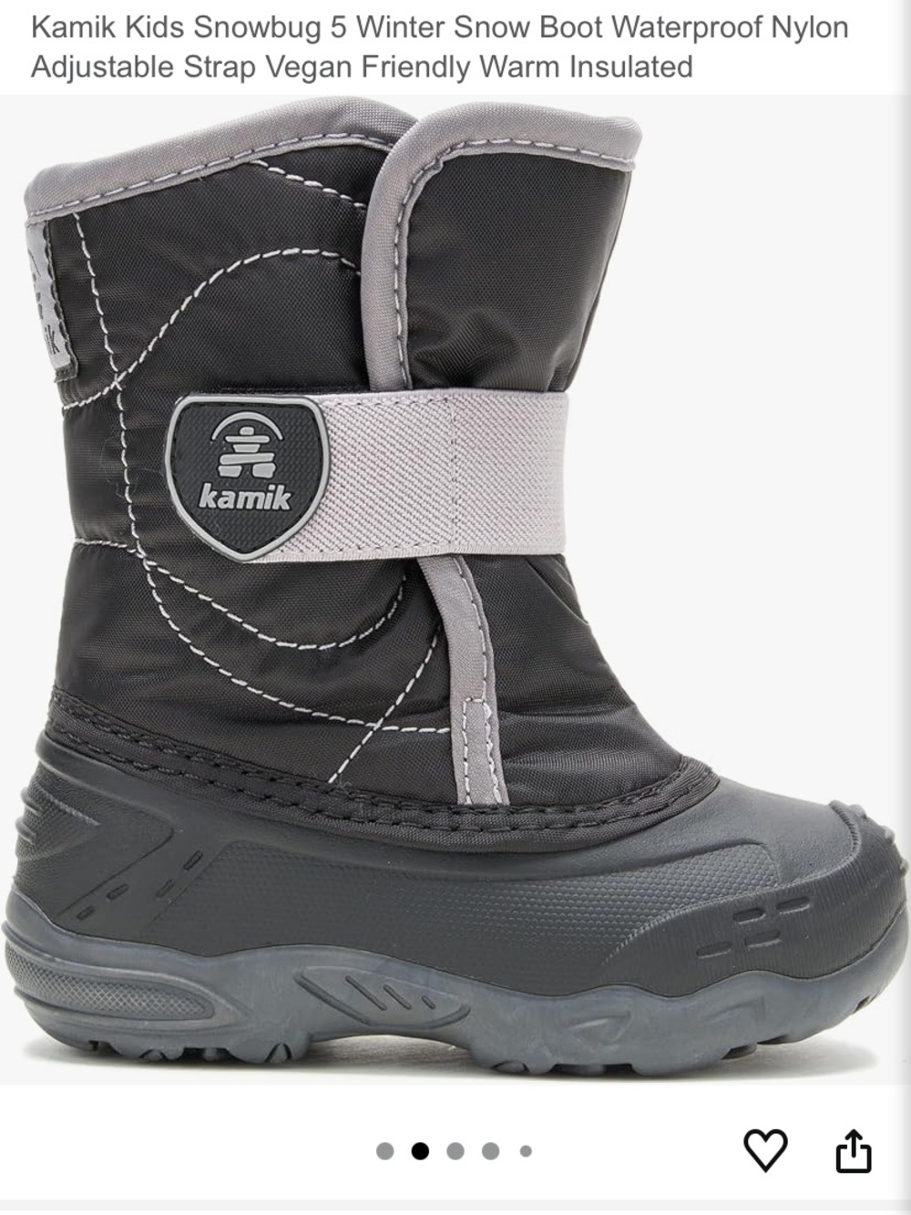Kamik Kids‎ Black Snowbug Winter Boot with Light Gray Strap 10